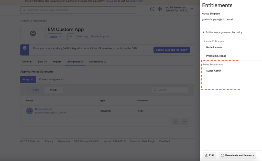user’s role entitlement