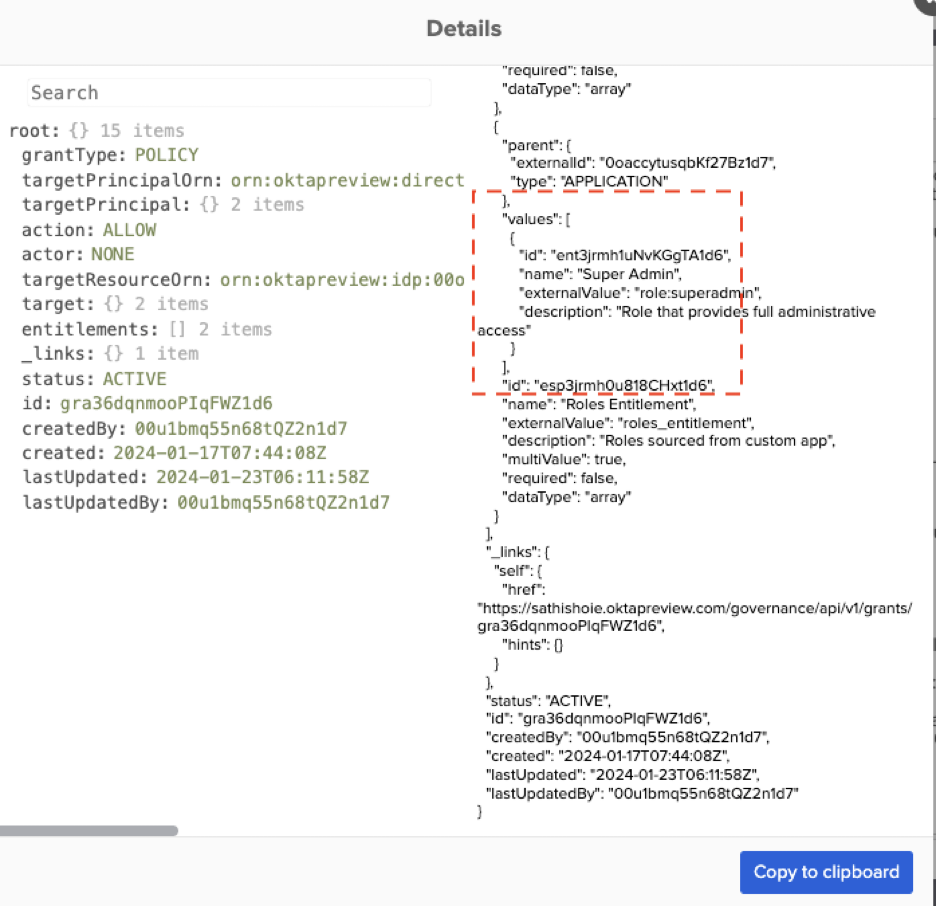 response from the GetGrant API call