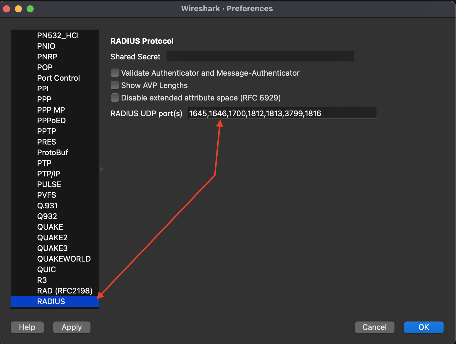 RADIUS UDP port(s) field