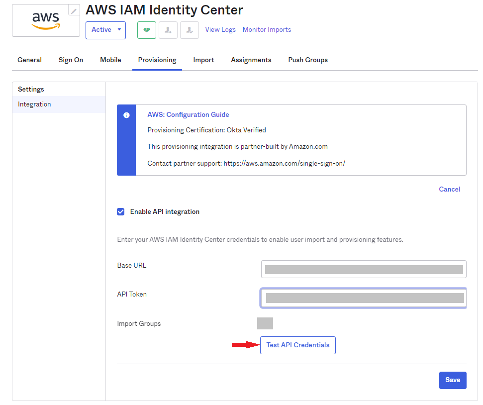 Test API Credentials button