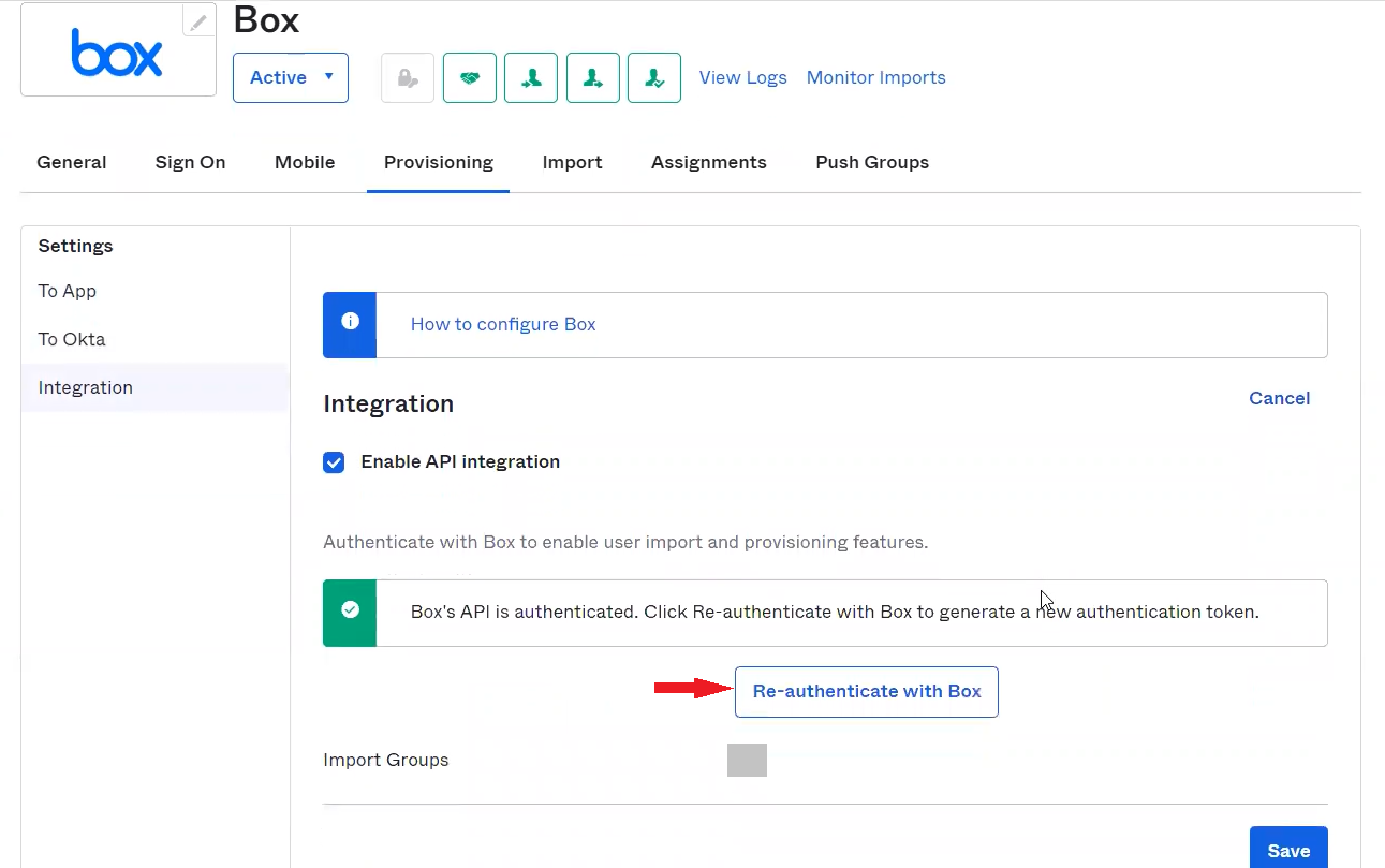"Re-authenticate with Box" button