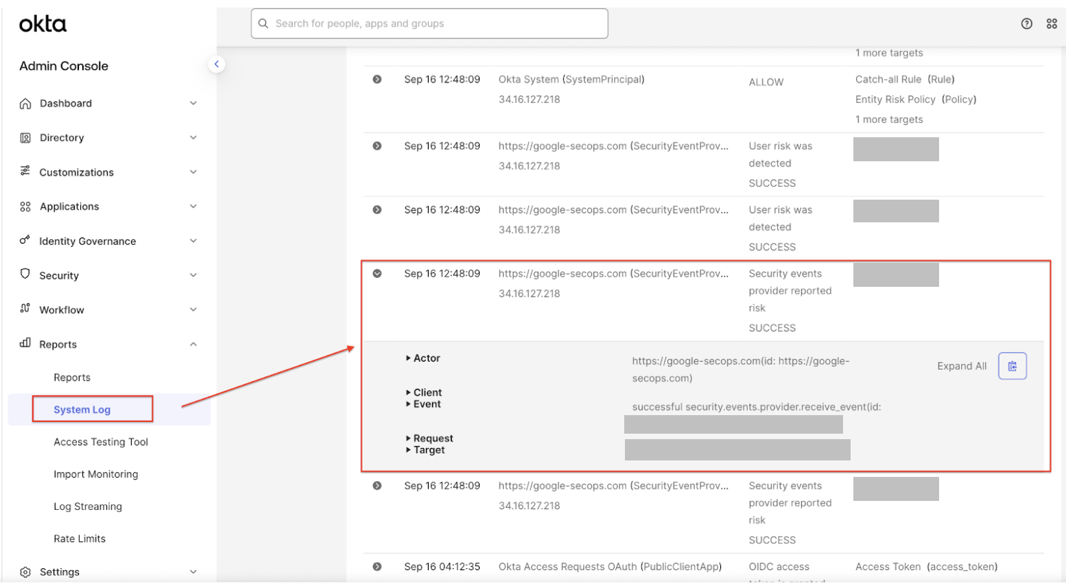 Okta's syslog.