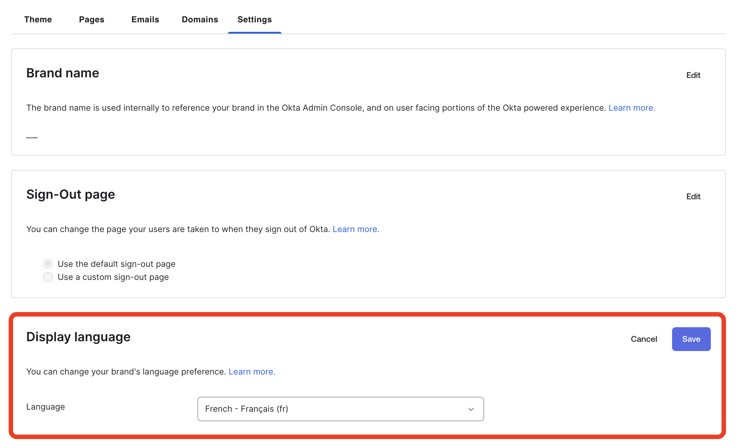 "Display language" section