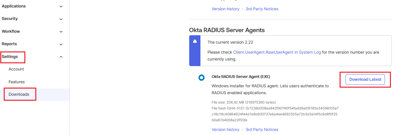 Screenshot of the Download Latest button next to Okta RADIUS Server Agent in the Admin Dashboard