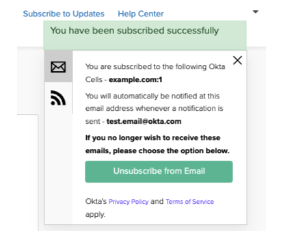 Subscribe to Updates - Messaging showing successful subscription