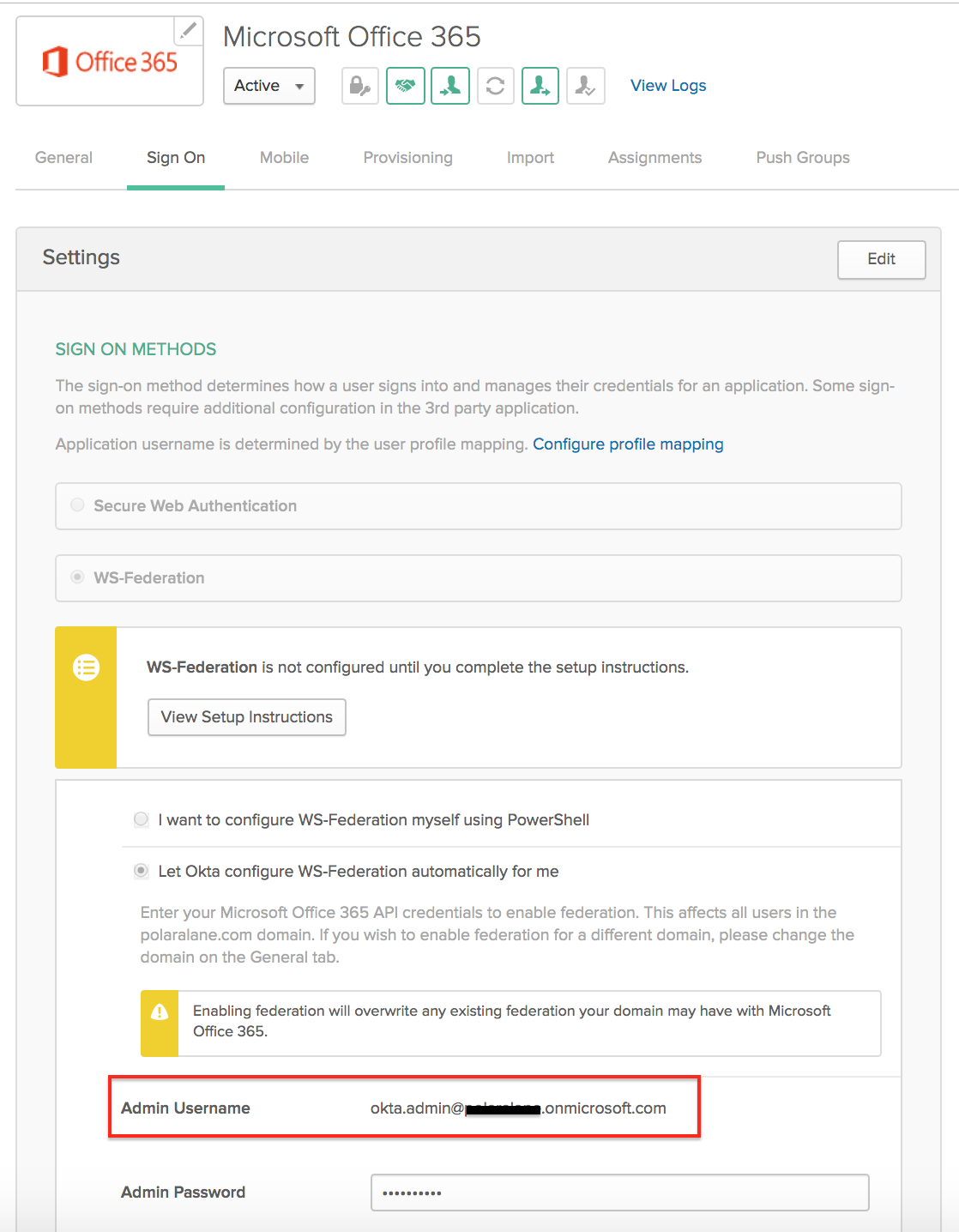 Admin username for Office 365