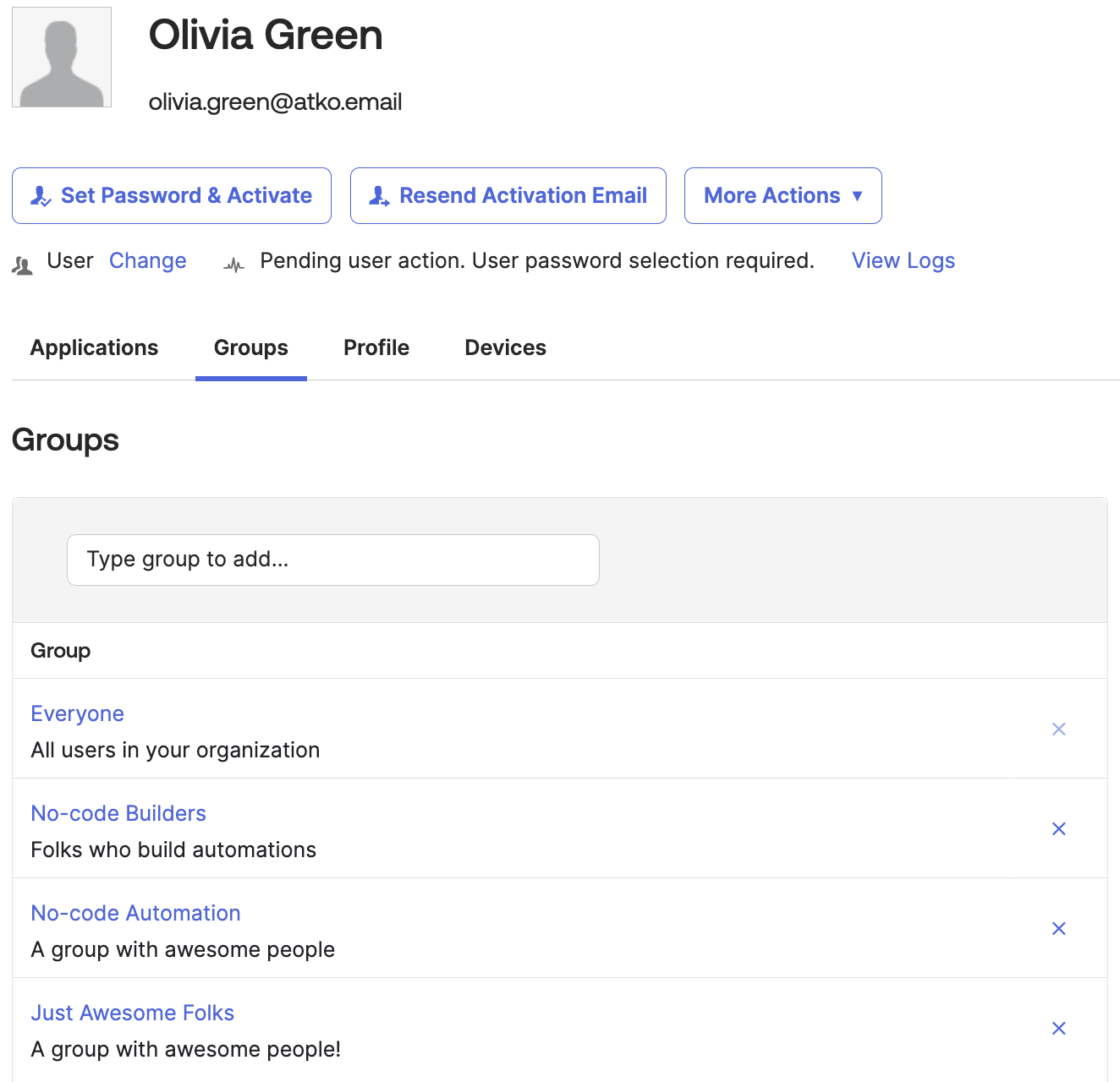 User and associated group memberships