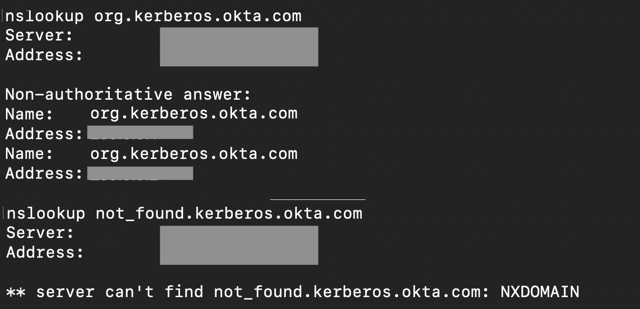 Example nslookup command in Terminal showing both successful and failed site lookups