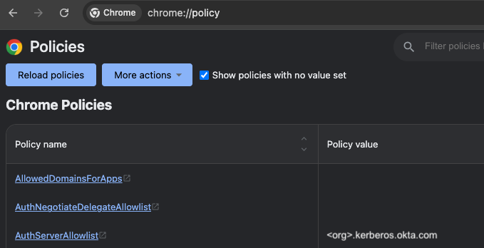 Chrome policy page showing AuthServerAllowlist setting