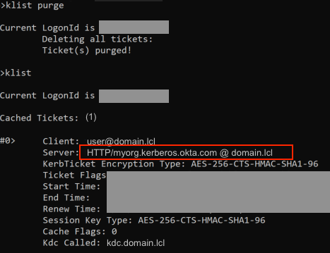 Windows Command Prompt demonstrating klist commands for successful Kerberos ticket retrieval during ADSSO