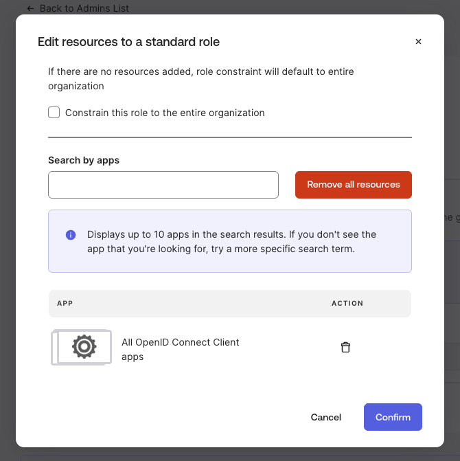 Edit resources to a standard role, with "All OpenID Connect Client apps" selected
