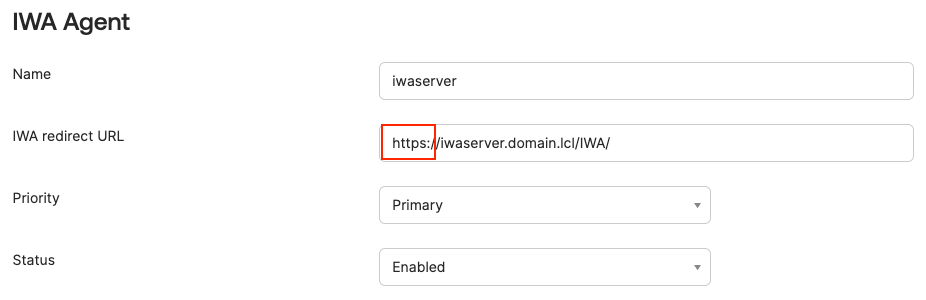 リダイレクトURLを設定する、Okta管理者のIWAエージェント設定ページ