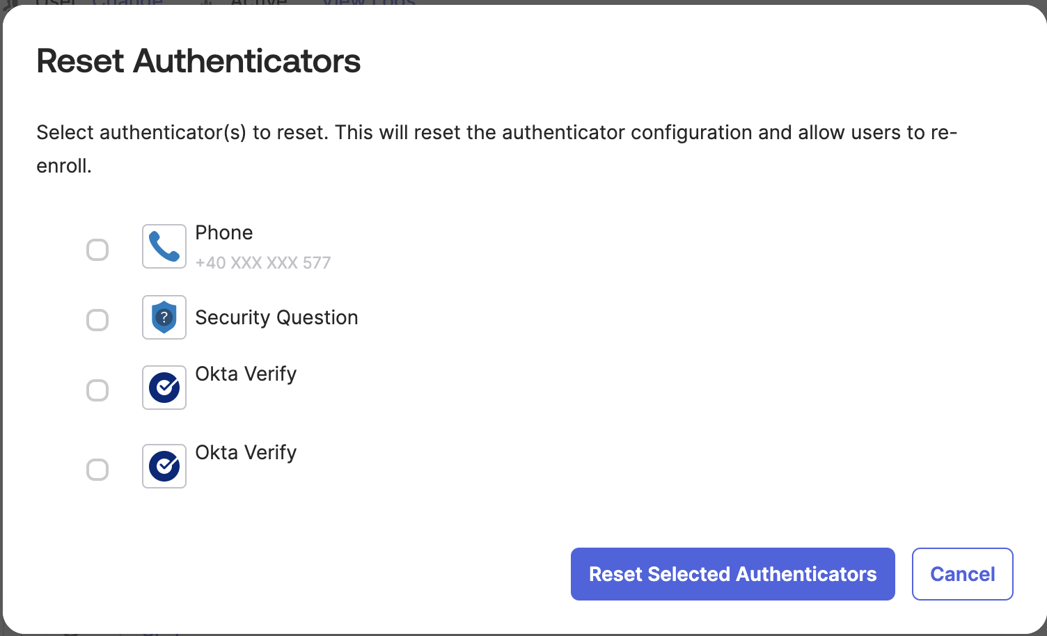 Reset authenticators