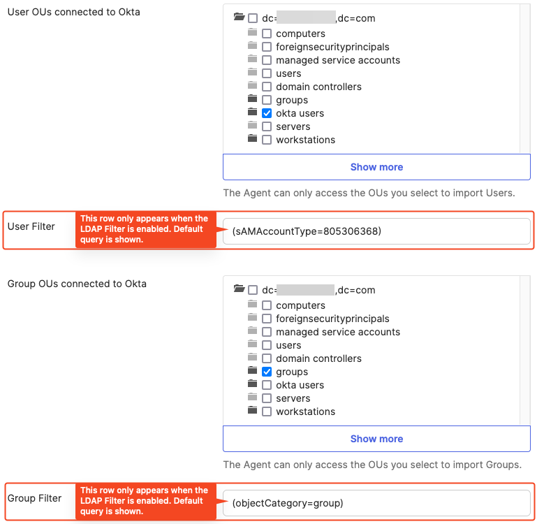 AD directory integration page showing User Filter and Group Filter options