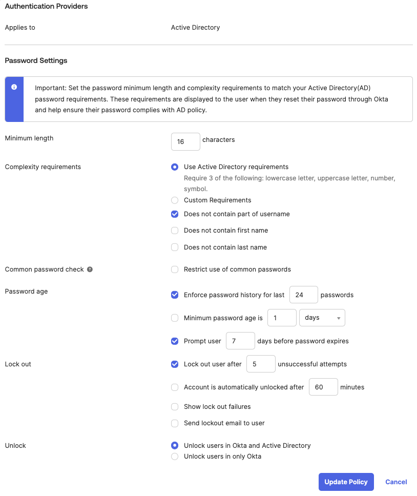 Okta Active Directory password policy settings