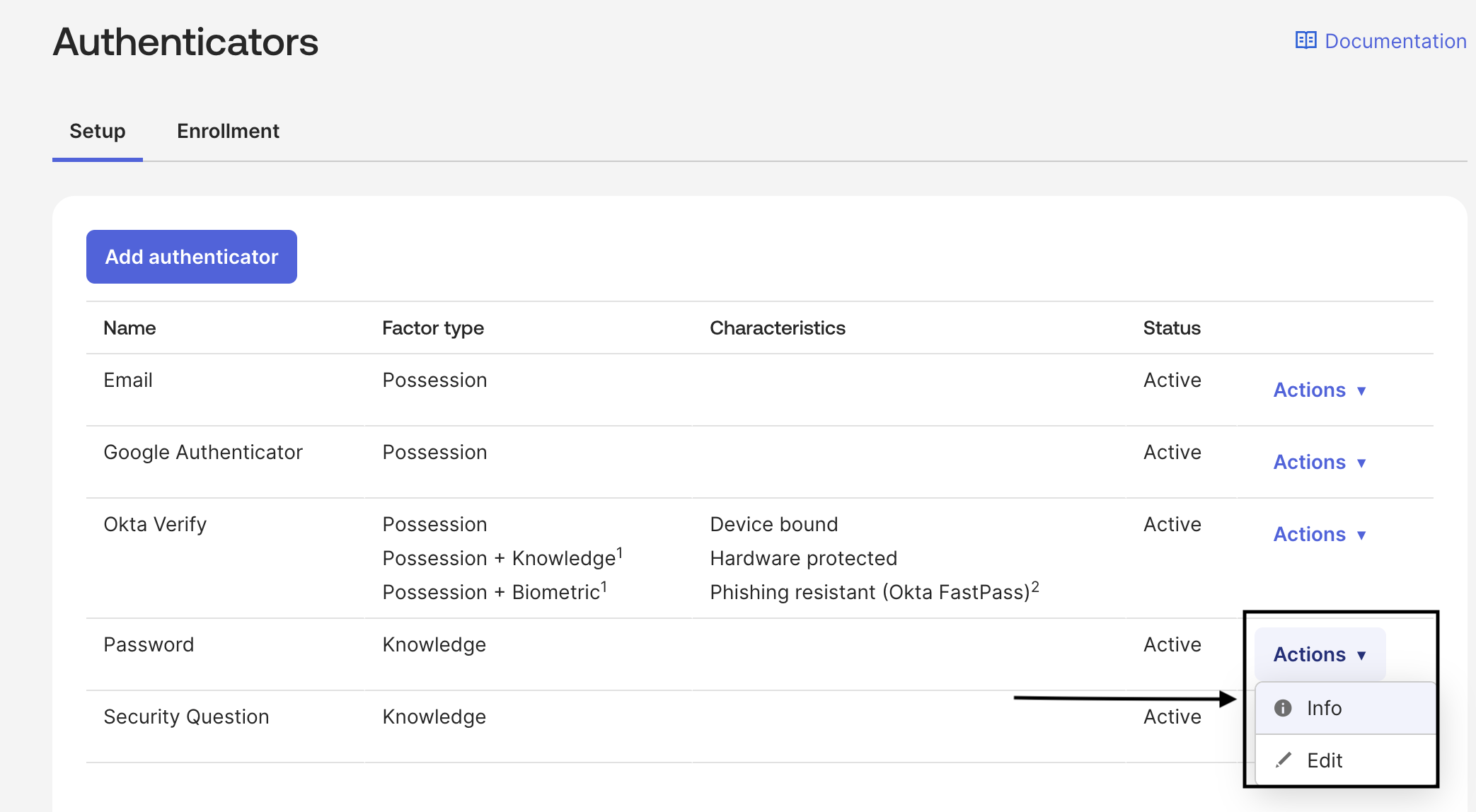 Password Authenticator Actions button