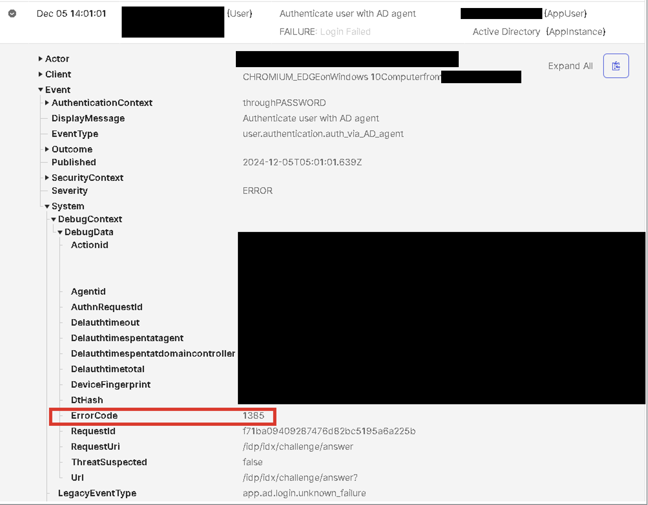 System Log ErrorCode 1385
