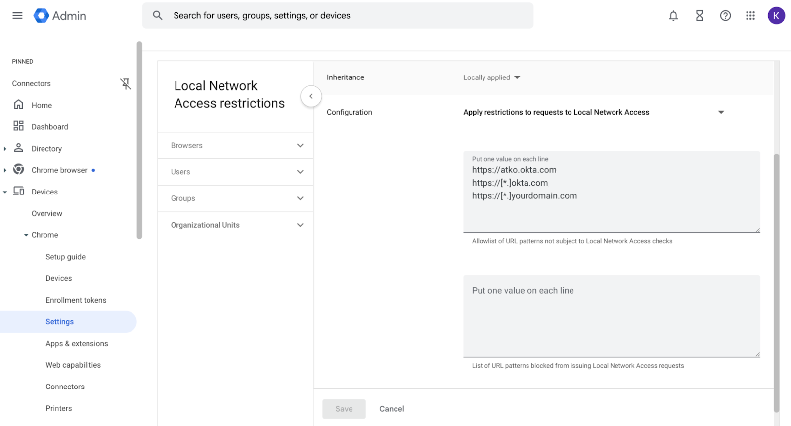 Local Network Access Restriction settings page in Google Admin console