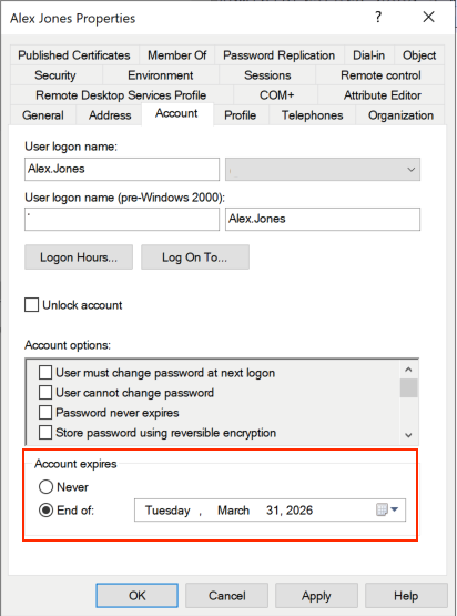 Active Directory User Properties - Account Expires