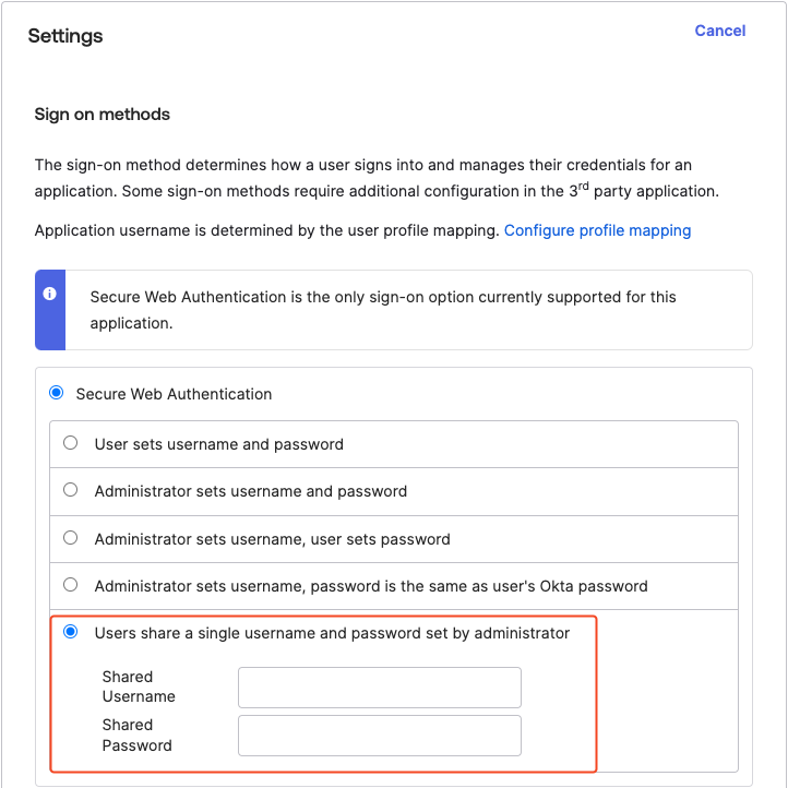 "Users share a single username and password set by administrator" option