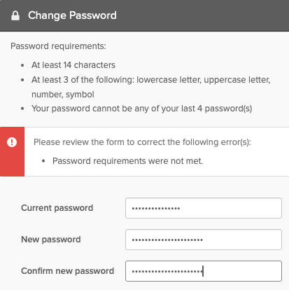 Oktaのパスワード変更エラー - ［Password requirements were not met（パスワードの要件が満たされていません）］