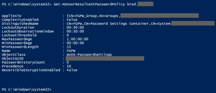 Get-ADUserResultantPasswordPolicyによって、割り当てられたきめ細かなパスワードポリシーが表示されます