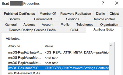 ADユーザーとコンピューター - ユーザー属性msDS-ResultantPSOによって、割り当てられたきめ細かなパスワードポリシーが表示されます