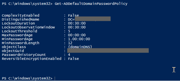 Get-ADDefaultDomainPasswordPolicyによって、デフォルトのドメインパスワードポリシーの詳細が表示されます