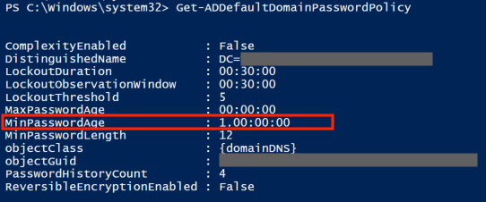 Get-ADDefaultDomainPasswordPolicyによって、パスワードの変更禁止期間の1日が表示されます