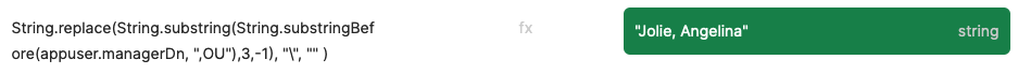 String.replace(String.substring(String.substringBefore(appuser.managerDn, ",OU"),3,-1), "\", "" )