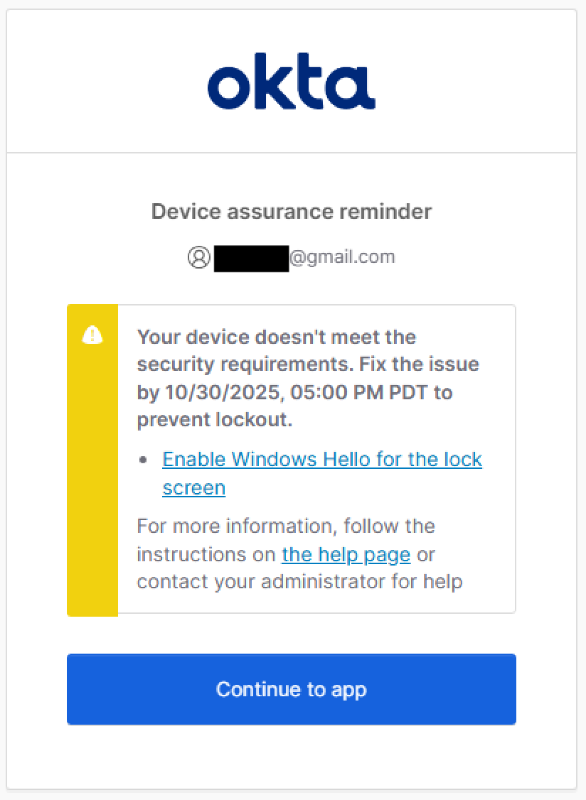 Okta sign-in widget displaying a Windows Hello setup prompt