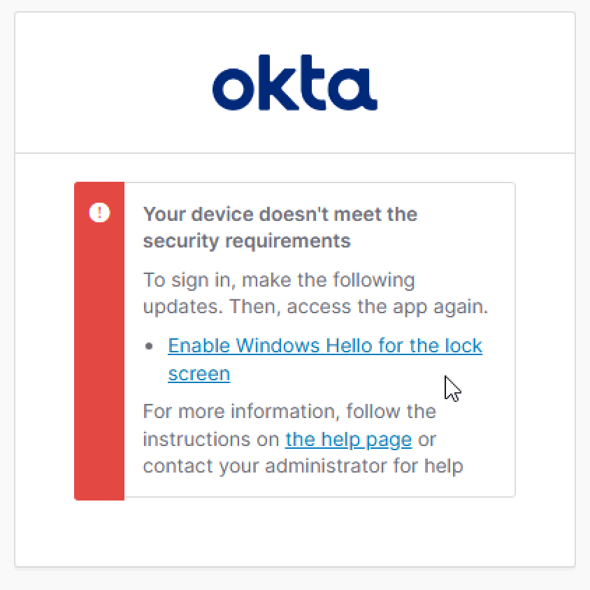 Okta sign-in widget displaying an access denied error due to incomplete Windows Hello setup