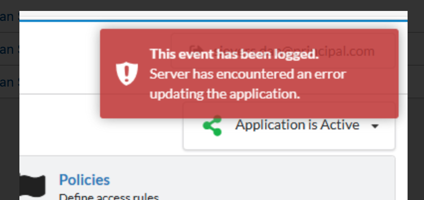 Server has encountered an error updating the application.