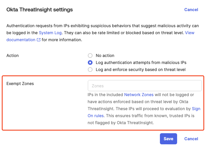 Okta ThreatInsight settings