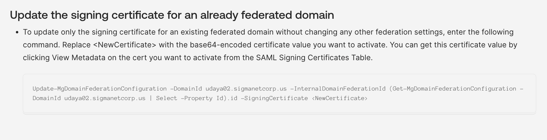 Update the signing certificate for an already federated domain