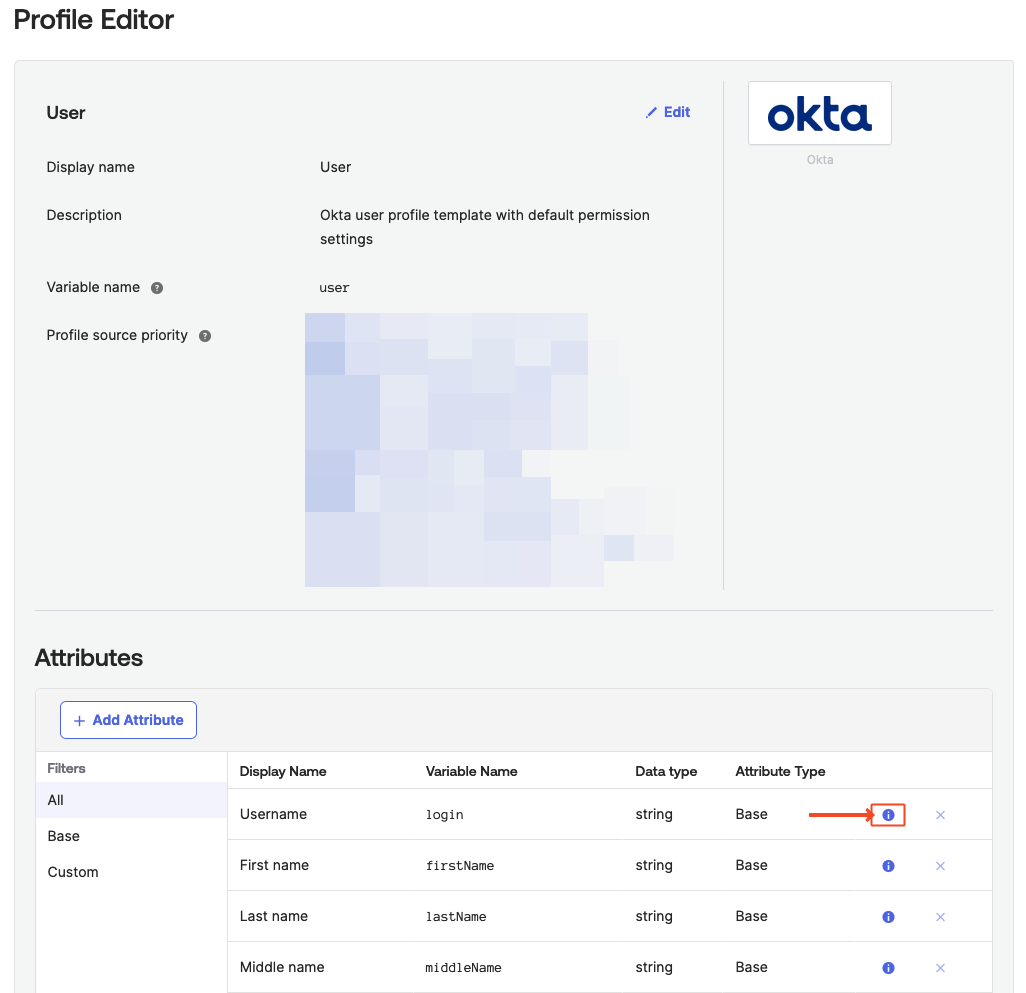 Info icon for Username attribute