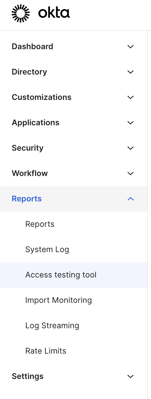 "Access testing tool" menu